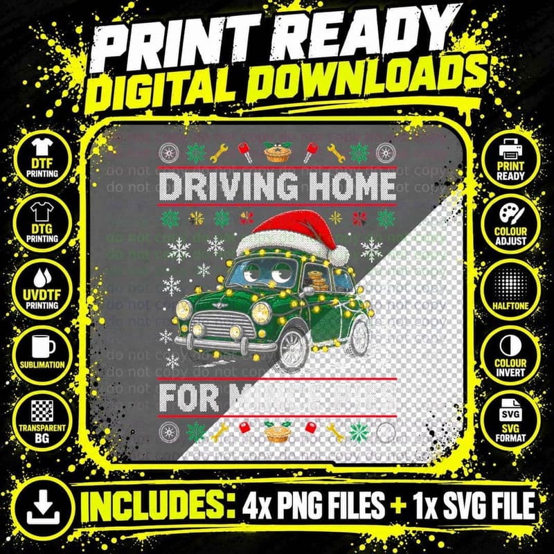 Driving Home For Mince Pies Classic Car Christmas Ugly Png SVG Digital Bundle