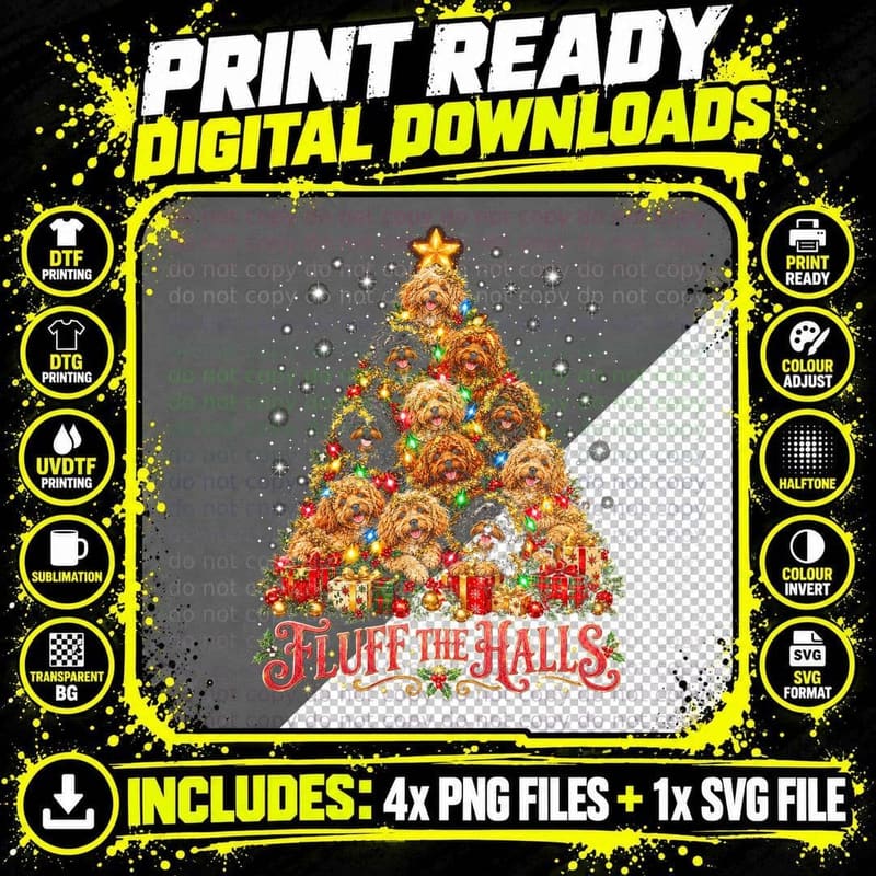 Fluff The Halls Cockapoo Christmas Tree Made Of Dogs Png SVG Digital Bundle