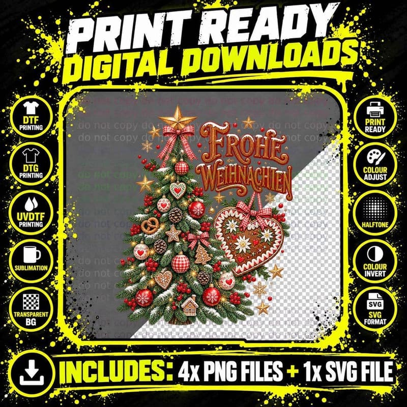 Frohe Weihnachten German Gingerbread Heart Watercolour Png SVG Digital Bundle