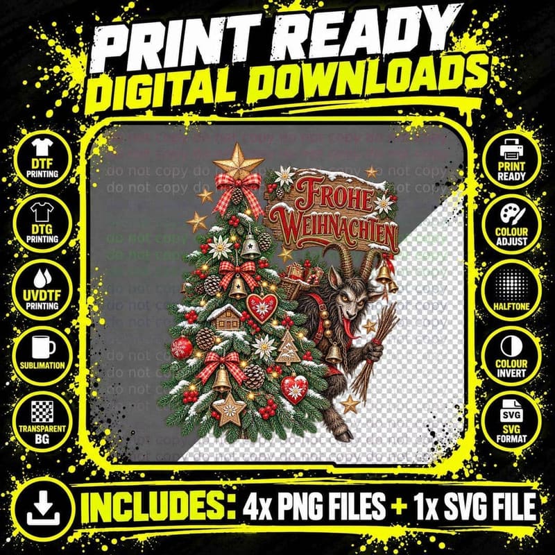 Frohe Weihnachten Krampus Austria Watercolour Christmas Png SVG Digital Bundle