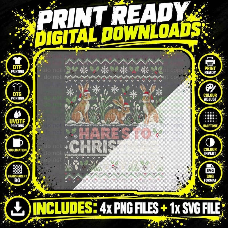 Hare's To Christmas Ugly Sweater Countryside Wildlife Png SVG Digital Bundle