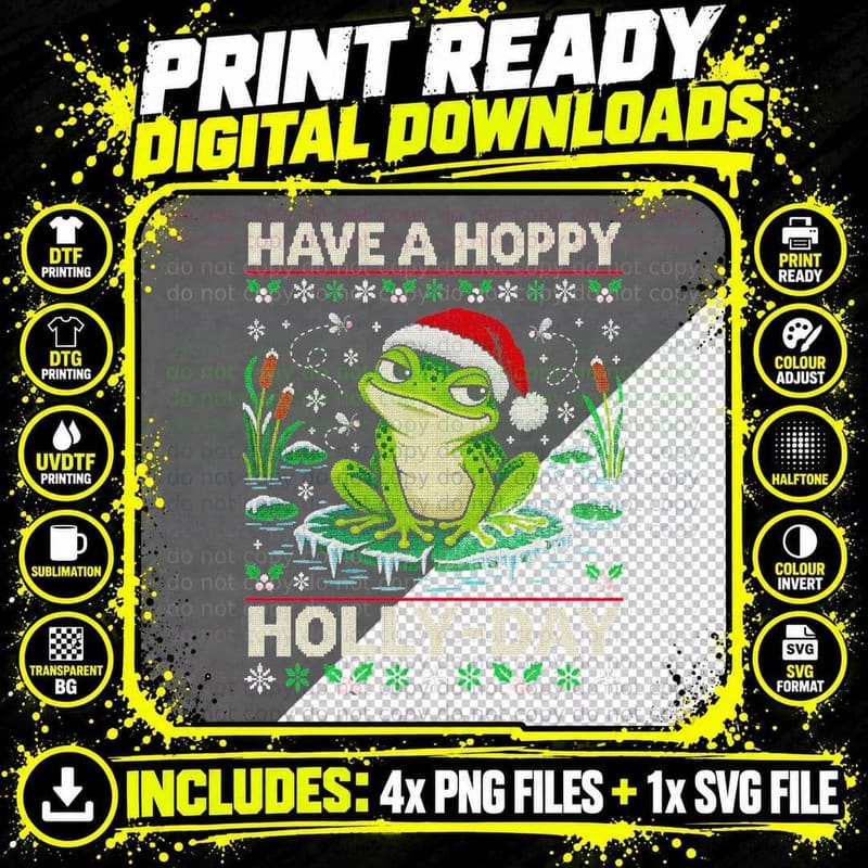 Have a Hoppy Holly-Day Frog Christmas Ugly Sweater Xmas Png SVG Digital Bundle
