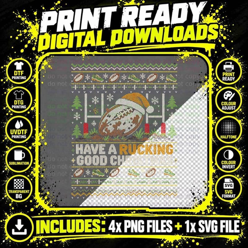 Have a Rucking Good Christmas Rugby Ball Ugly Sweater Png SVG Digital Bundle