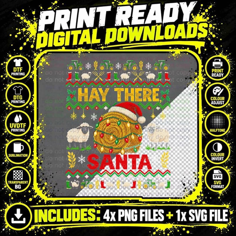 Hay There Santa Farmer Christmas Ugly Sweater Round Bale Png SVG Digital Bundle