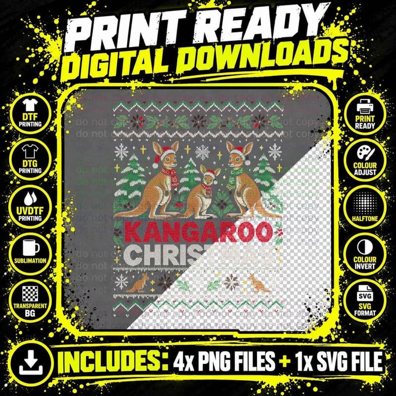 Kangaroo Christmas Ugly Sweater Aussie Animal Xmas Png SVG Digital Bundle