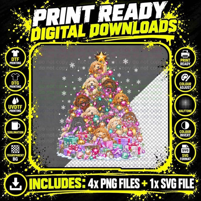Labradoodle Christmas Tree Made Of Dogs Pink Purple Png SVG Digital Bundle
