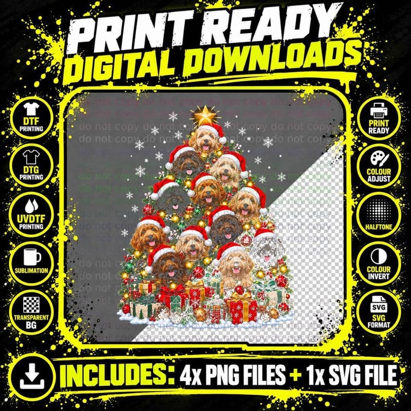 Labradoodle Christmas Tree Made Of Dogs Santa Hats Fairy Png SVG Digital Bundle