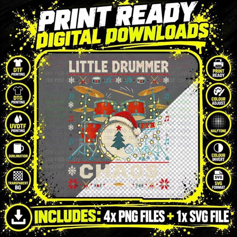 Little Drummer Chaos Drum Kit Christmas Ugly Sweater Png SVG Digital Bundle