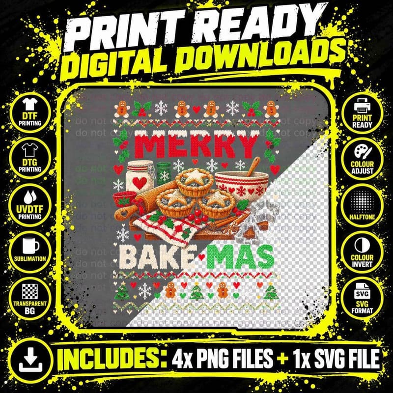 Merry Bake-Mas Baking Christmas Ugly Sweater Mince Pies Png SVG Digital Bundle