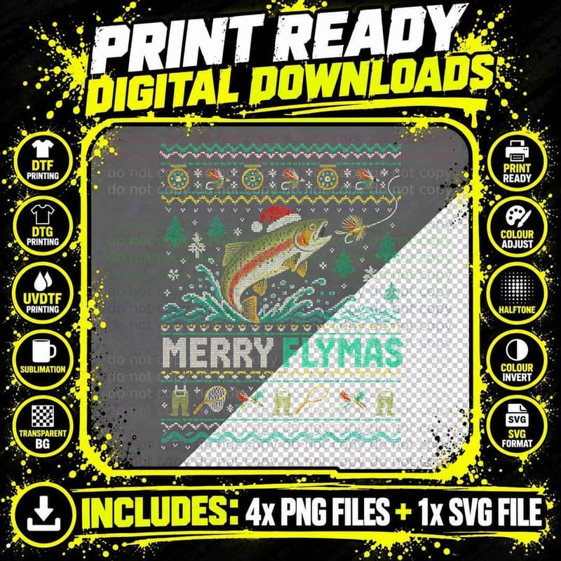 Merry Flymas Fly Fishing Christmas Jumper Rainbow Trout Png SVG Digital Bundle