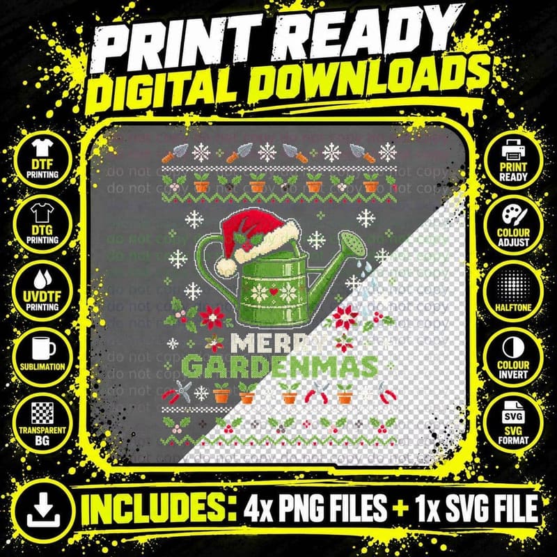 Merry Gardenmas Gardener Christmas Ugly Sweater Watering Png SVG Digital Bundle