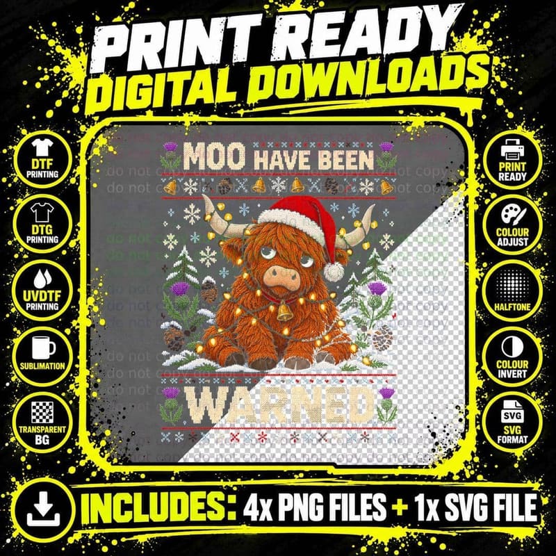 Moo Have Been Warned Highland Cow Christmas Ugly Sweater Png SVG Digital Bundle