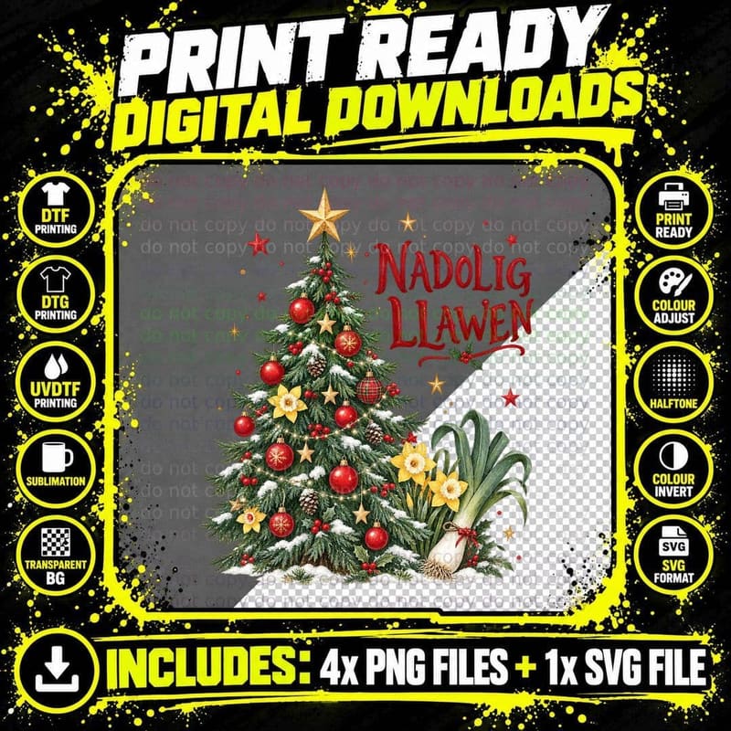 Nadolig Llawen Welsh Daffodil Leek Watercolour Christmas Png SVG Digital Bundle