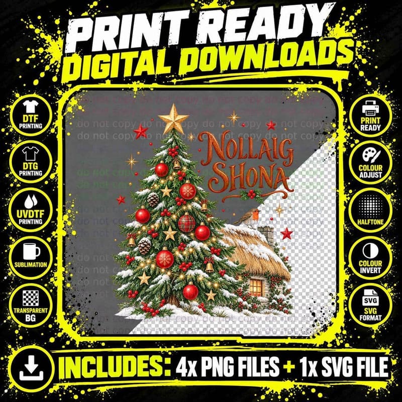 Nollaig Shona Irish Robin Thatched Cottage Watercolour Png SVG Digital Bundle