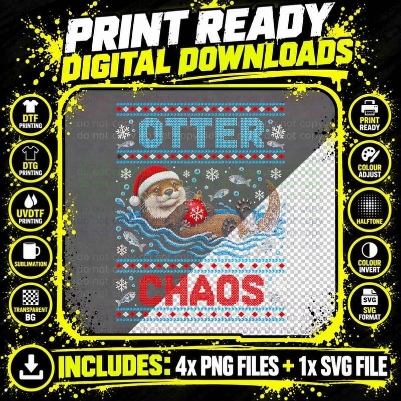 Otter Chaos Christmas Ugly Sweater River Animal Xmas Png SVG Digital Bundle