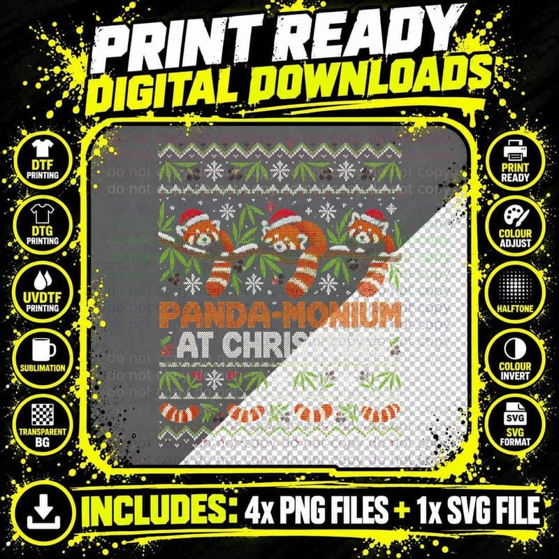 Panda-Monium At Christmas Red Panda Ugly Sweater Xmas Png SVG Digital Bundle