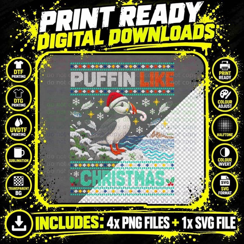 Puffin Like Christmas Ugly Sweater Seabird Candy Cane Png SVG Digital Bundle