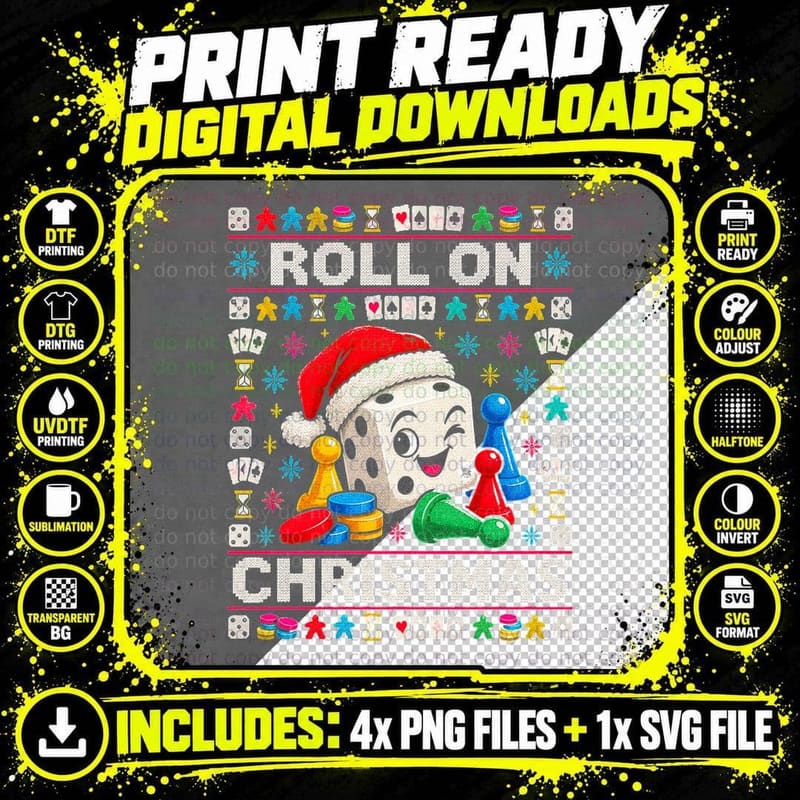 Roll On Christmas Board Games Ugly Sweater Dice Tabletop Png SVG Digital Bundle