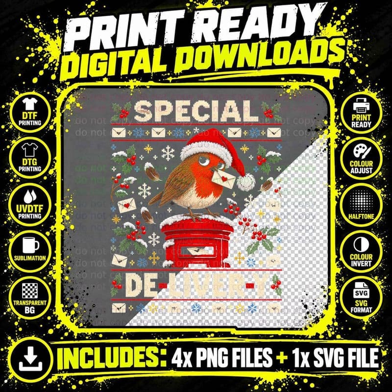 Special Delivery Robin Red Post Box Christmas Ugly Png SVG Digital Bundle