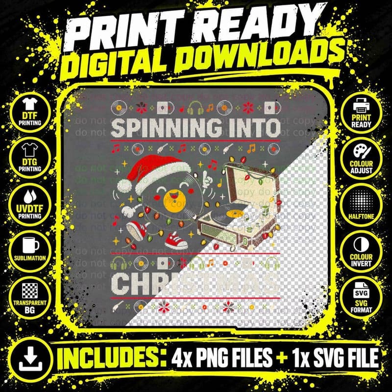 Spinning Into Christmas Vinyl Record Player Ugly Sweater Png SVG Digital Bundle