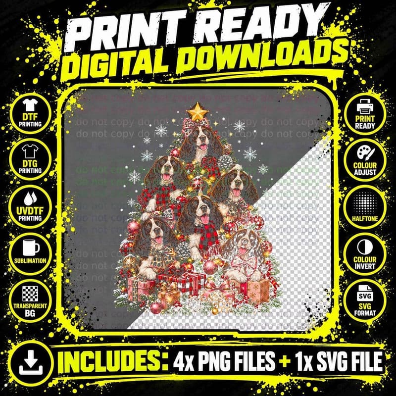 Springer Spaniel Christmas Tree Made Of Dogs Red Plaid Png SVG Digital Bundle