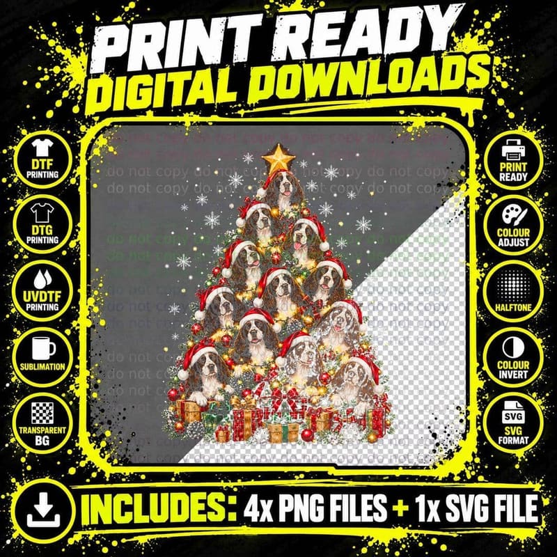 Springer Spaniel Christmas Tree Made Of Dogs Santa Hats Png SVG Digital Bundle