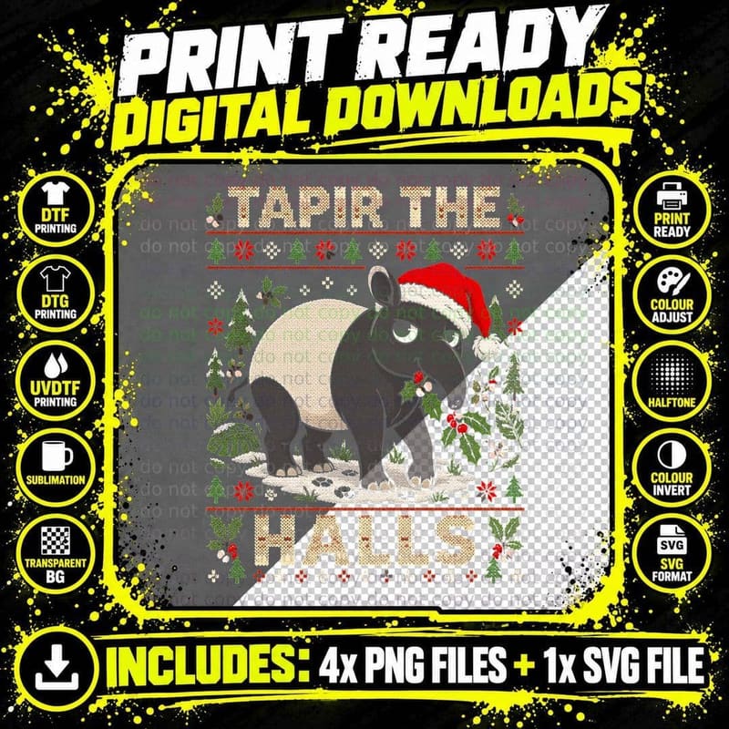 Tapir The Halls Christmas Ugly Sweater Funny Animal Xmas Png SVG Digital Bundle