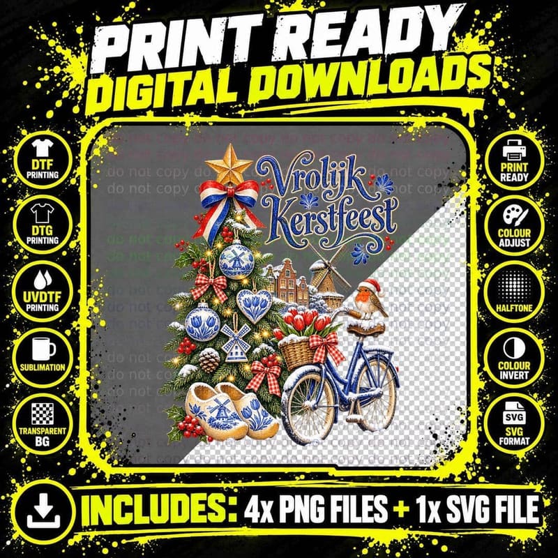 Vrolijk Kerstfeest Dutch Bicycle Tulips Watercolour Png SVG Digital Bundle
