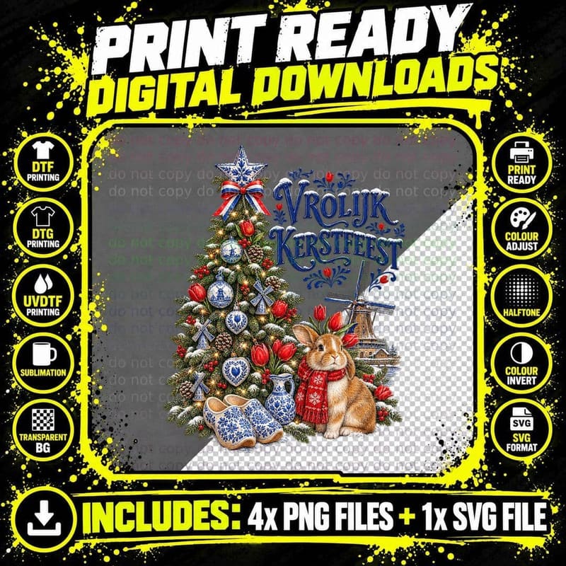 Vrolijk Kerstfeest Dutch Rabbit Watercolour Christmas Png SVG Digital Bundle