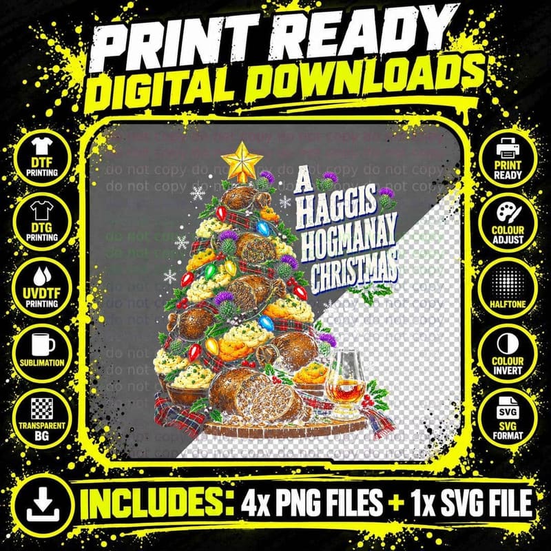 A Haggis Hogmanay Christmas Tree Scottish Tartan Whisky Png SVG Digital Bundle