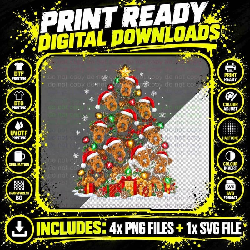 Airedale Terrier Christmas Tree Santa Hats Dog Lover Png SVG Digital Bundle