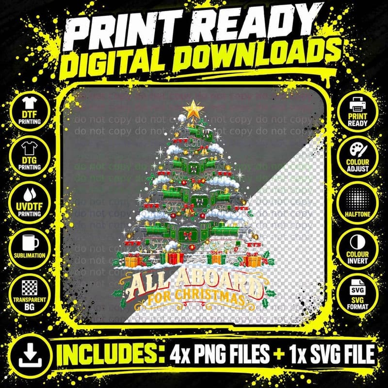 All Aboard for Christmas Steam Train Christmas Tree Png SVG Digital Bundle