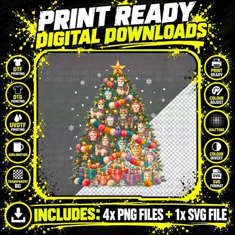 Alpaca Christmas Tree Pom Pom Garland Cute Farm Animal Png SVG Digital Bundle
