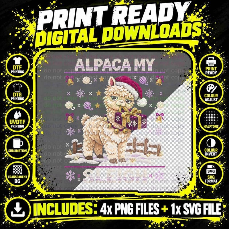 Alpaca My Sleigh Santa Hat Gift Christmas Ugly Sweater Png SVG Digital Bundle