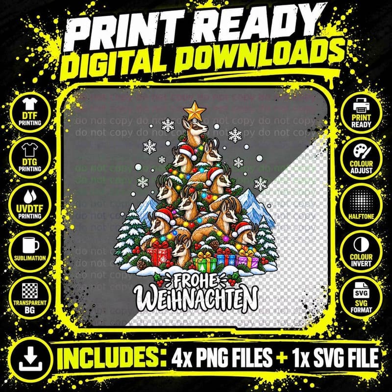 Alpine Chamois Goat Christmas Tree Frohe Weihnachten Png SVG Digital Bundle