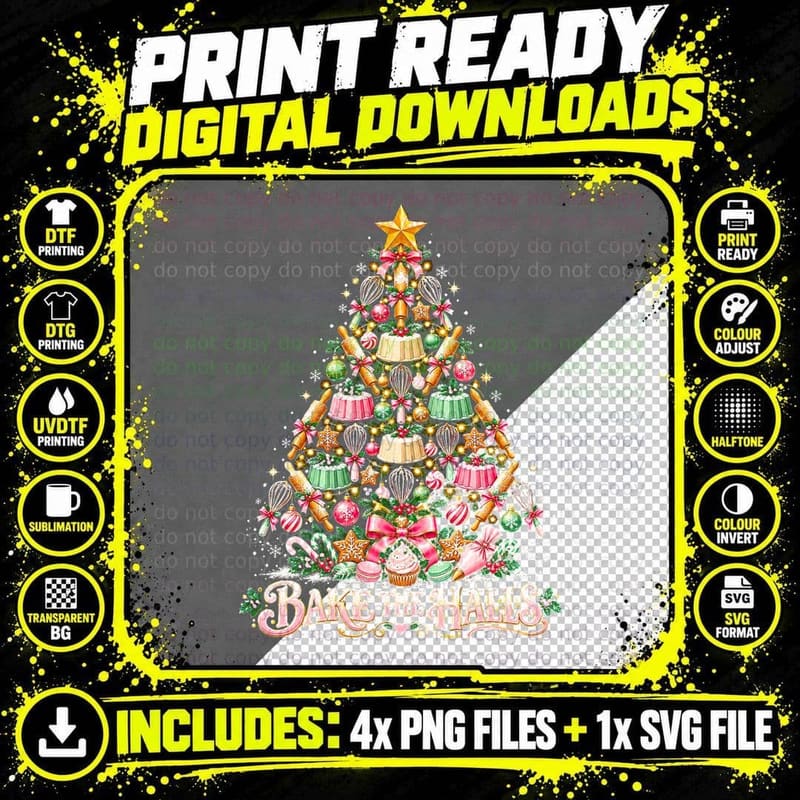 Bake the Halls Baker Christmas Tree Cupcakes Cake Tins Png SVG Digital Bundle