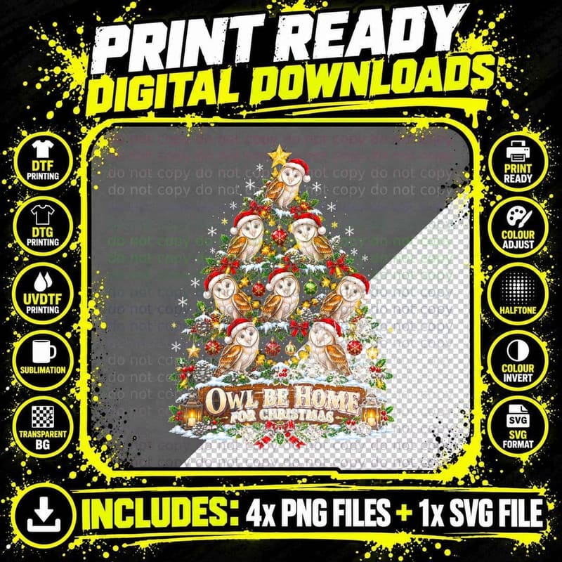 Barn Owl Christmas Tree Owl Be Home For Christmas Santa Png SVG Digital Bundle