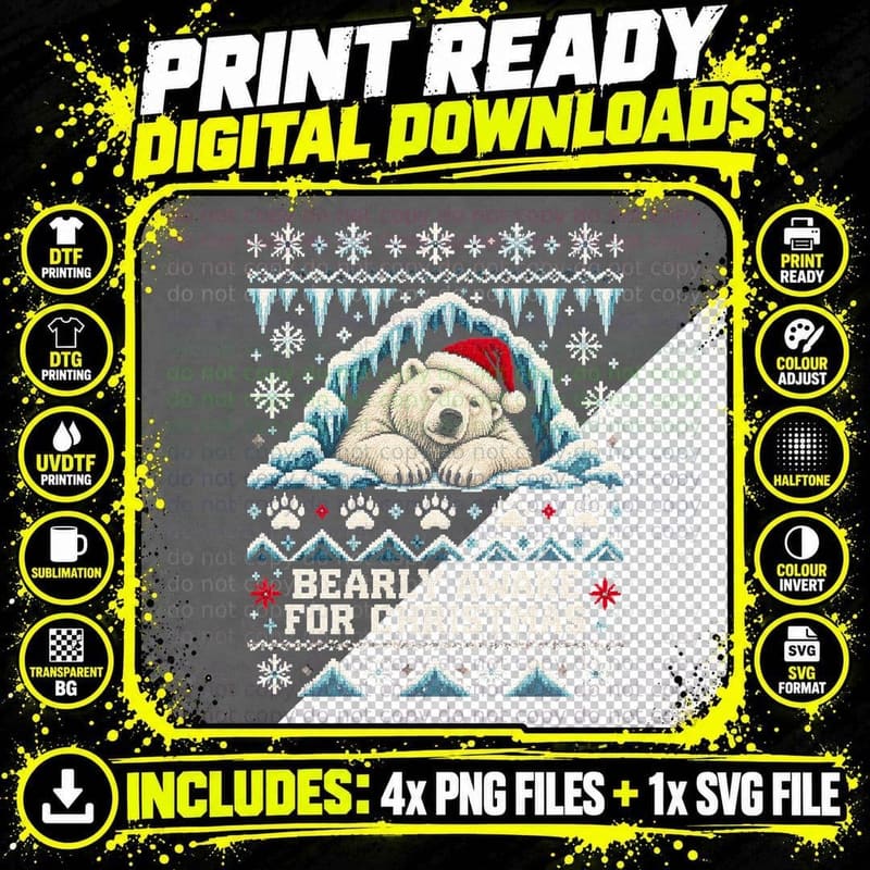 Bearly Awake For Christmas Sleepy Polar Bear Ugly Png SVG Digital Bundle