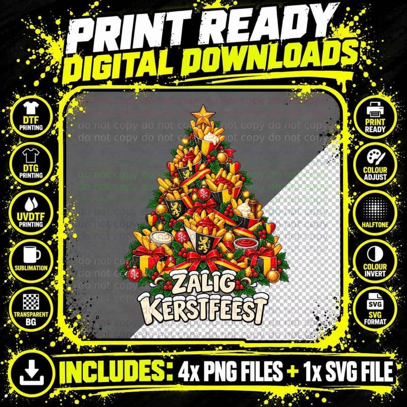 Belgian Frites Christmas Tree Zalig Kerstfeest Funny Png SVG Digital Bundle