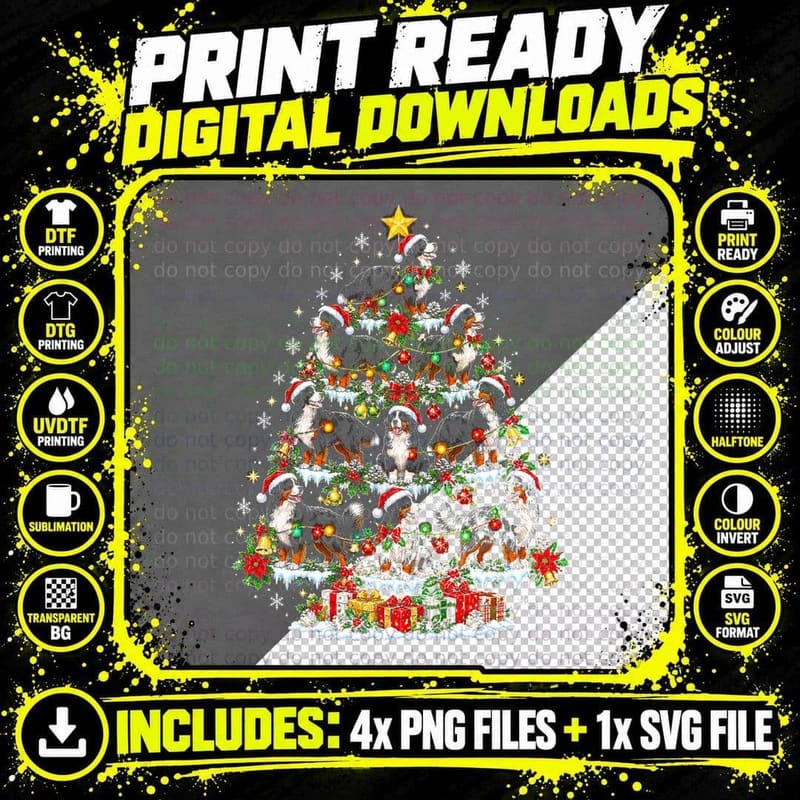 Bernese Mountain Dog Christmas Tree Retro Santa Holiday Png SVG Digital Bundle