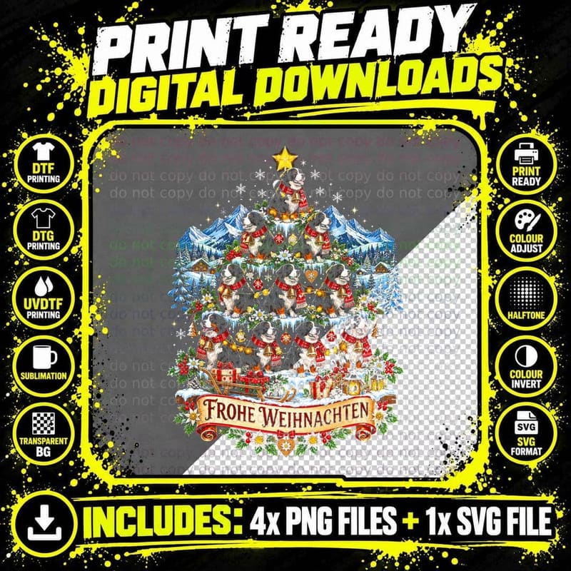 Bernese Mountain Dog Frohe Weihnachten Alpine Christmas Png SVG Digital Bundle