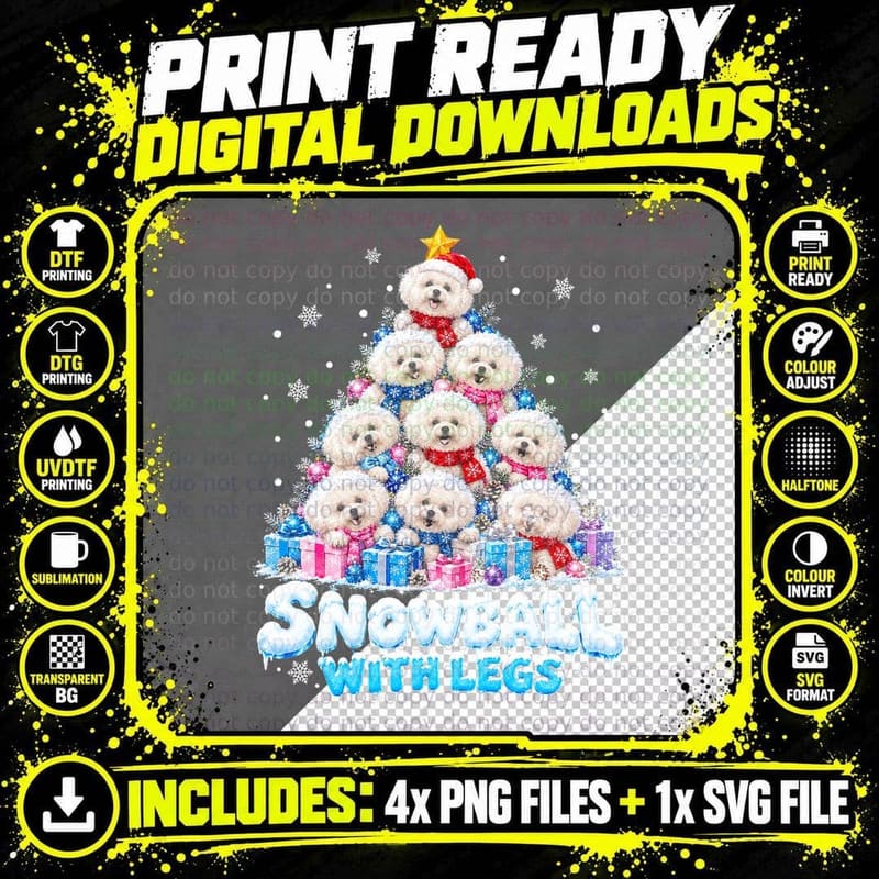 Bichon Frise Snowball With Legs Funny Christmas Tree Dog Png SVG Digital Bundle