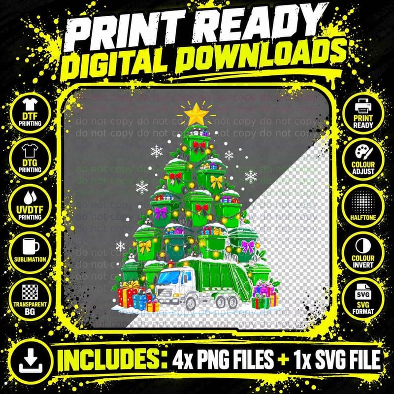 Bin Lorry Christmas Tree Green Wheelie Bins Refuse Png SVG Digital Bundle