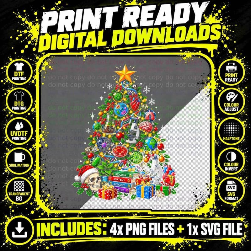 Biology Teacher Christmas Tree Santa Skull Microscope Png SVG Digital Bundle