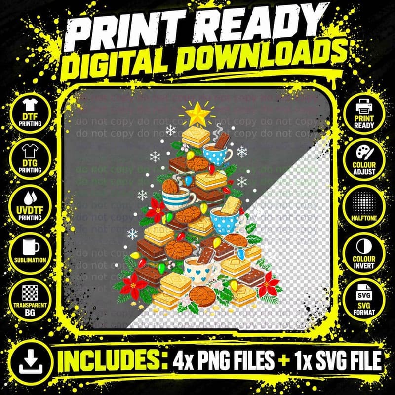 Biscuit Dunking Christmas Tree Tea and Biscuits Lover Png SVG Digital Bundle