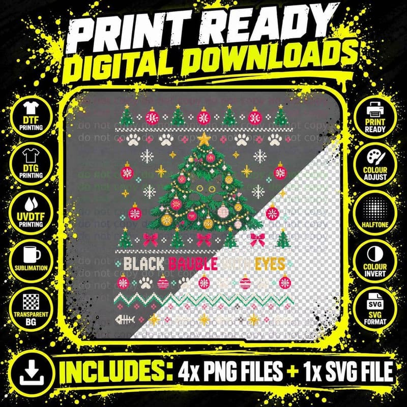Black Bauble With Eyes Christmas Tree Cat Paws Ugly Png SVG Digital Bundle