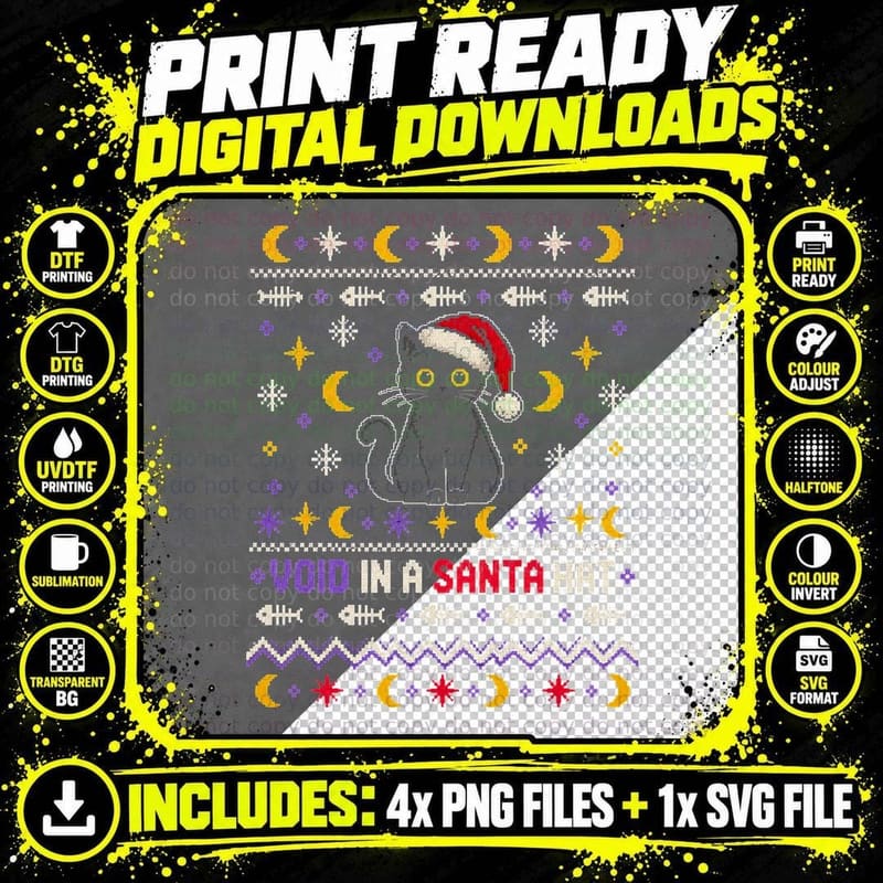 Black Cat Santa Hat Void Funny Christmas Ugly Sweater Png SVG Digital Bundle