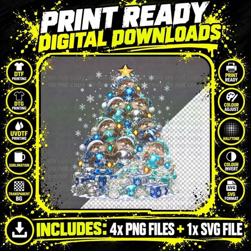 Blue Otter Christmas Tree Bauble Hugging Otters Cute Png SVG Digital Bundle