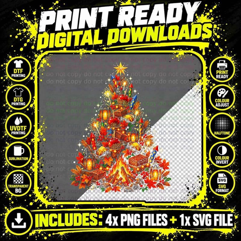 Bonfire Night Christmas Tree Fireworks Flames Autumn Png SVG Digital Bundle