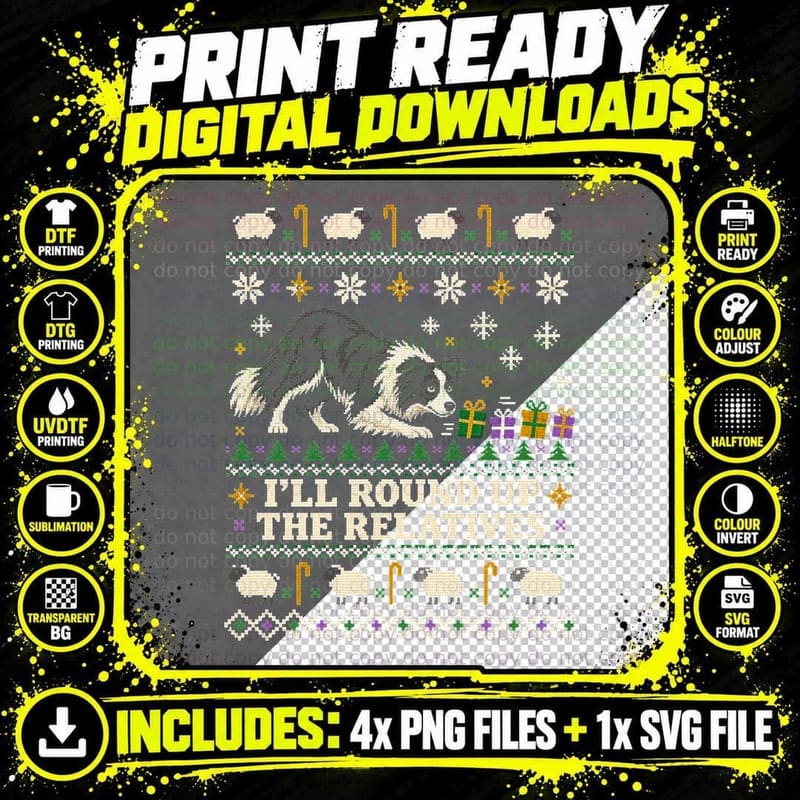 Border Collie Herding Sheep Christmas Ugly Sweater Dog Png SVG Digital Bundle